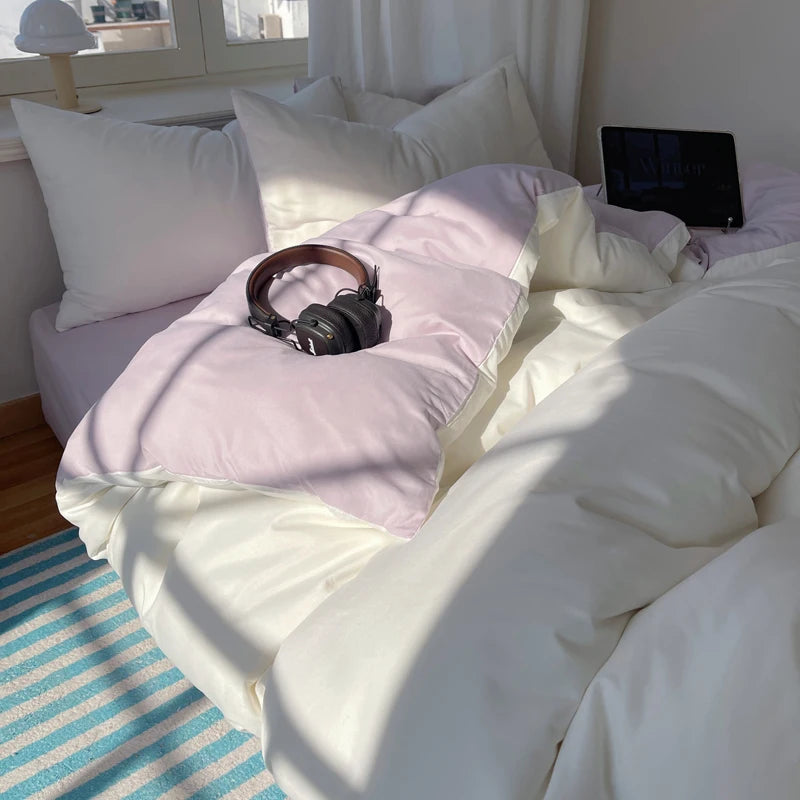Cotton Bedding Set 4pcs with Solid Bed Sheet Duvet Cover Pillowcases Single Couple Bedsheet King Queen Double Twin Size TAVEN System LLC
