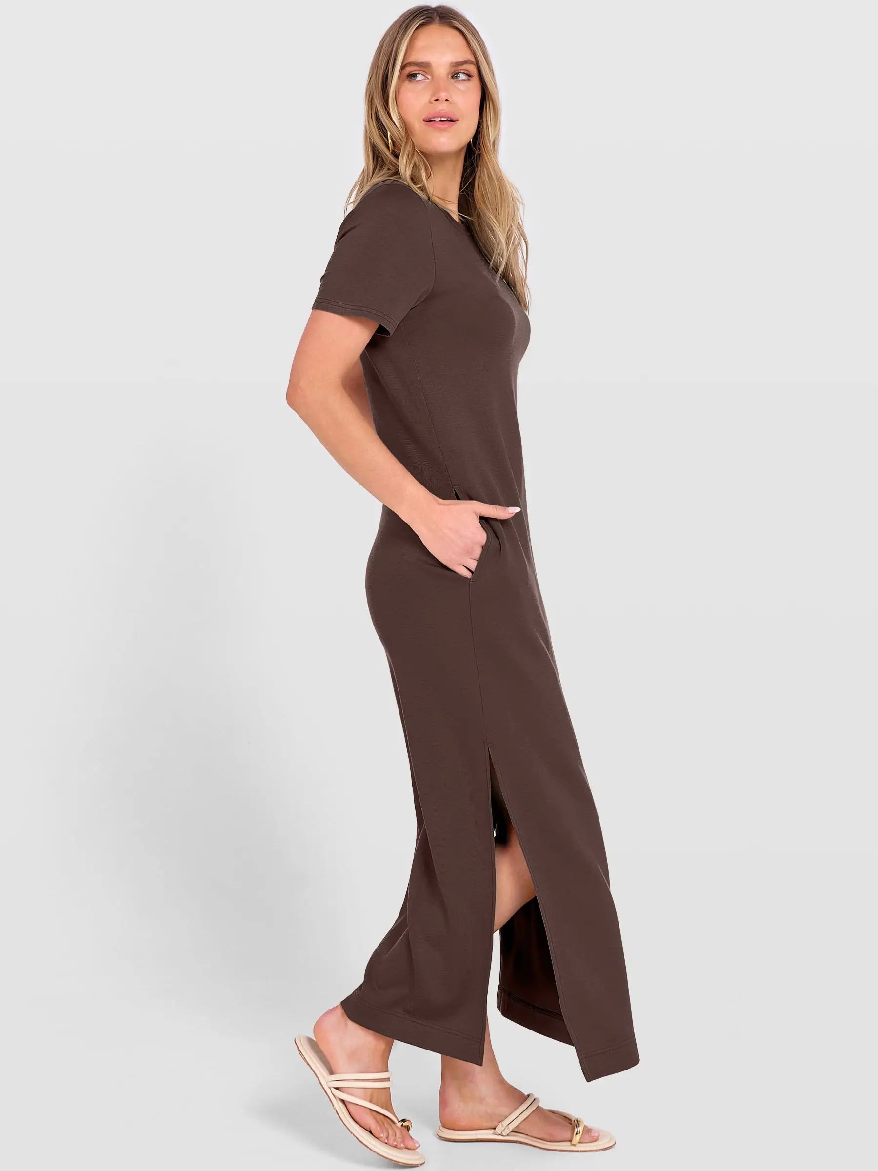 Women Short Sleeve Maxi Dress Crew Neck Side Split Casual Loose Dress