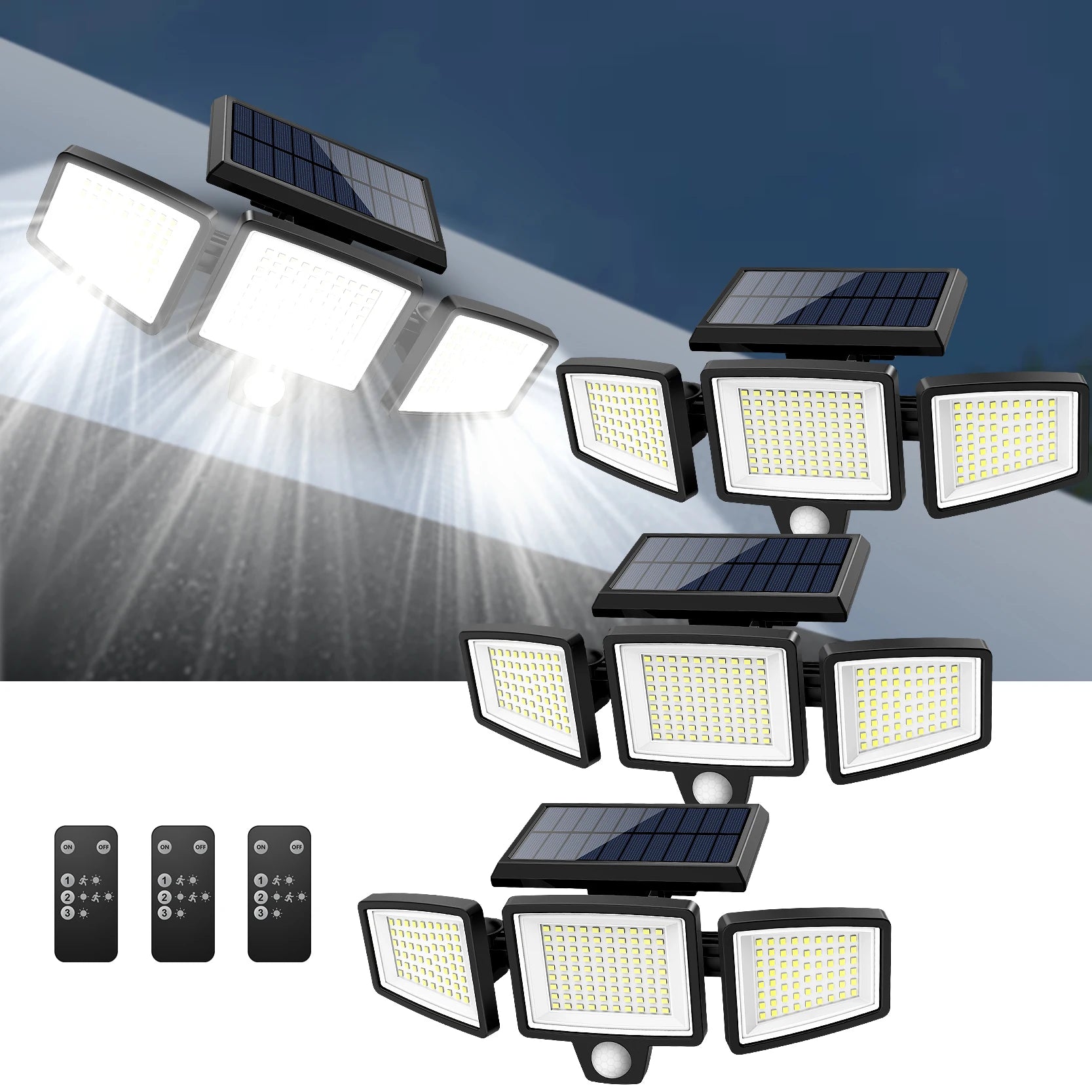 Solar 3 head motion sensor security light with 200 plus LED