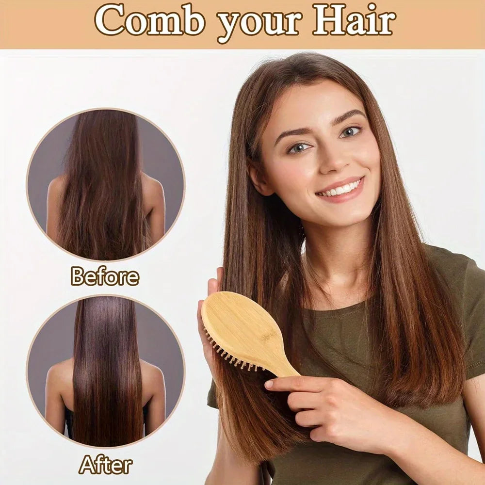 Natural Bamboo Paddle Hair Brush with Air Cushion Anti Static