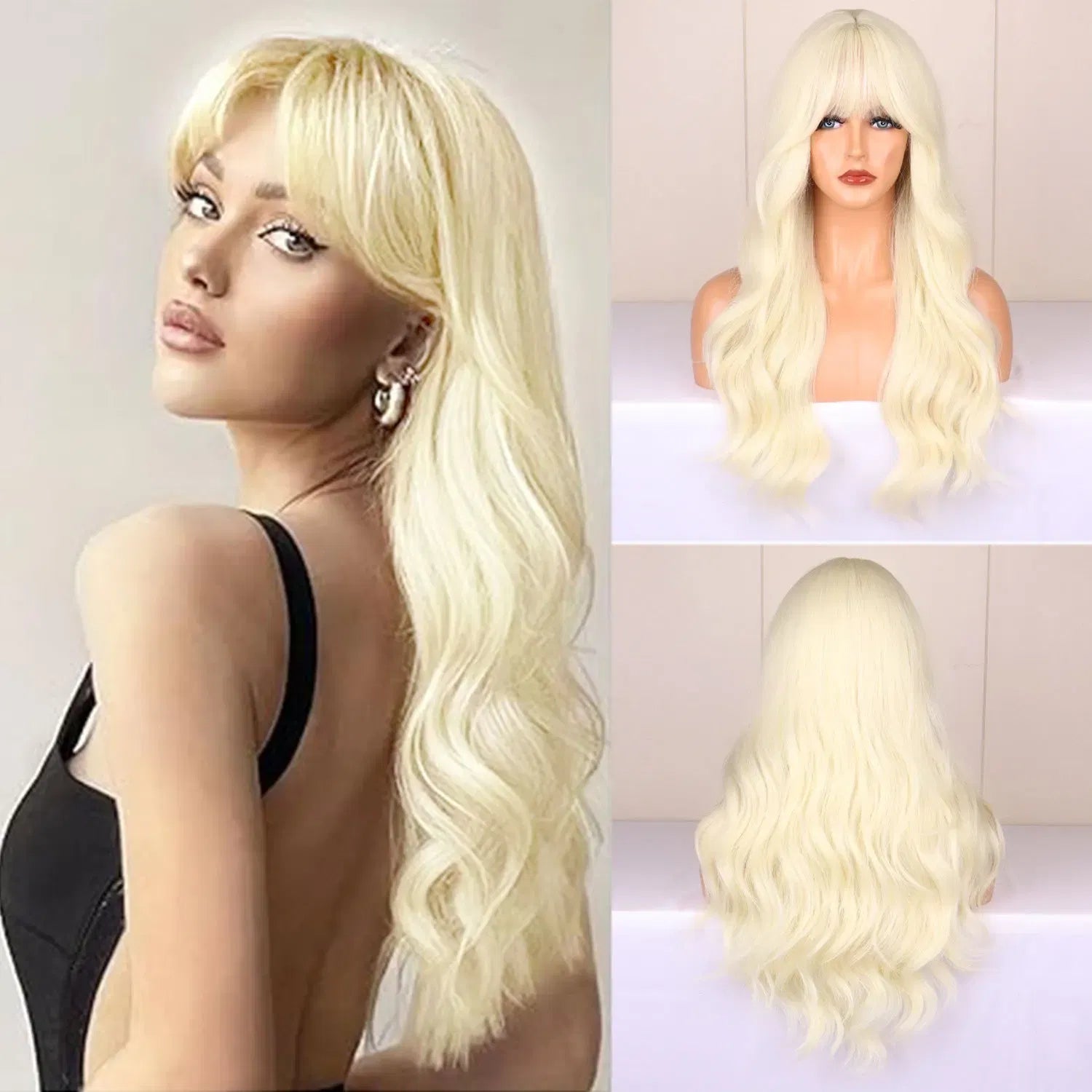 Color: T1B/Burgundy - Light golden synthetic wig with big waves for Halloween party, cosplay wig, everyday wig, high-temperature hair silk wig set Taven