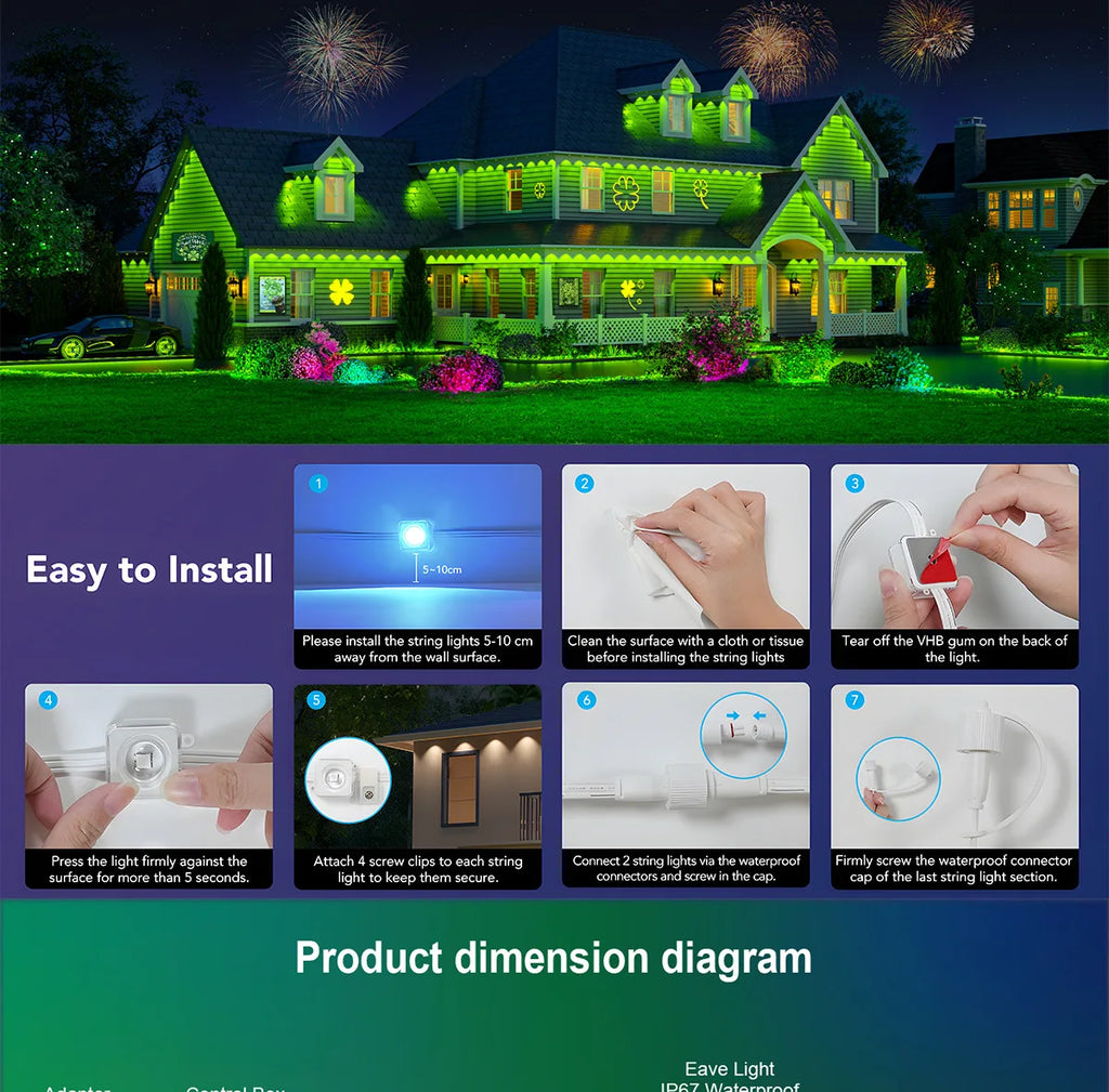 MIMIRGB Eaves Lights Permanent Outdoor LED Light String Strip APP Smart DlY Auto Scene Lighting Effects Christmas Holidays Decor TAVEN System LLC