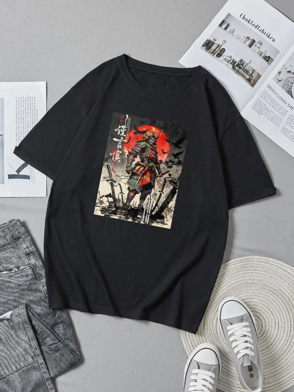 100% pure cotton short sleeved T-shirt Samurai Warrior Standing With Sword Red Moon Background Japanese Calligraphy Artwork Traditional Style Design Easy to wear and match, comfortable and fashionable, suitable for all season TAVEN System LLC