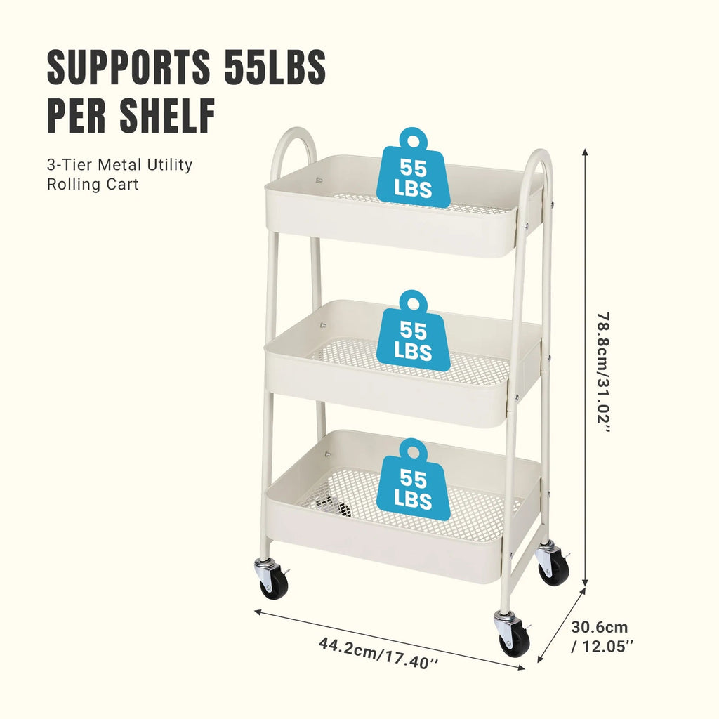 Metal rolling storage cart with lockable wheels