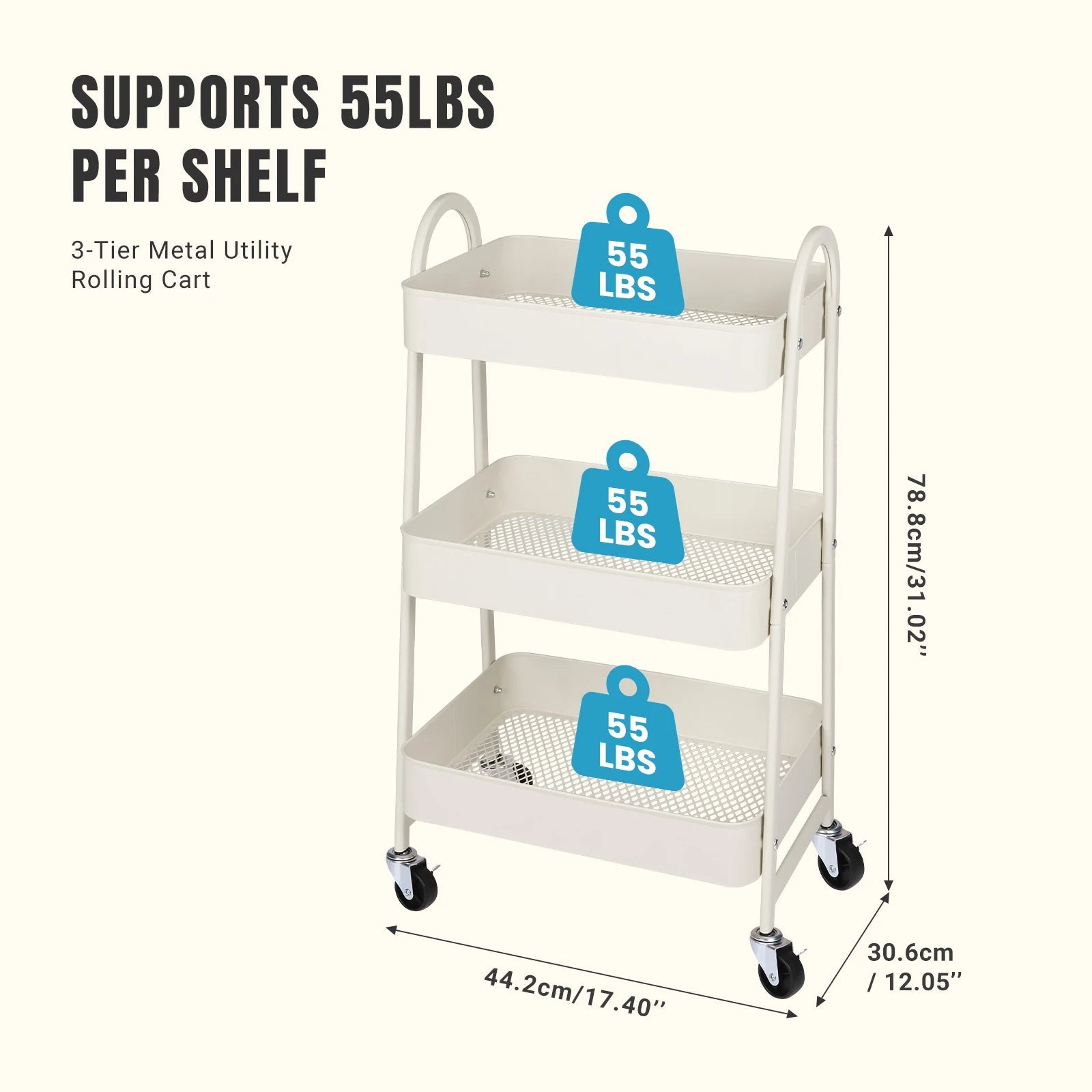 Metal rolling storage cart with lockable wheels
