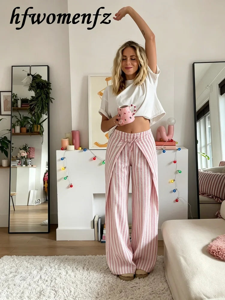Casual Striped Women's Trouser Lace-Up Adjust Belt High Waist Wide Leg Pants 2026 Summer Autumn Fashion Female Street Trousers TAVEN System LLC