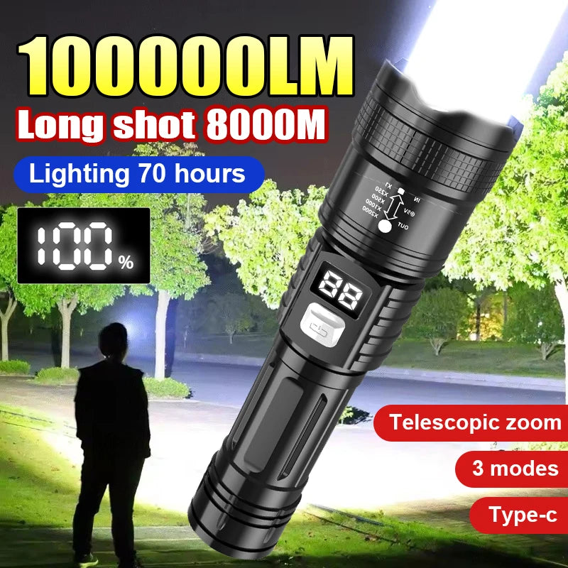 100000LM Super Bright Flashlight Type-C Rechargeable LED Torch Long Range Tactical Lamp for Outdoor Waterproof Camping Lantern TAVEN System LLC