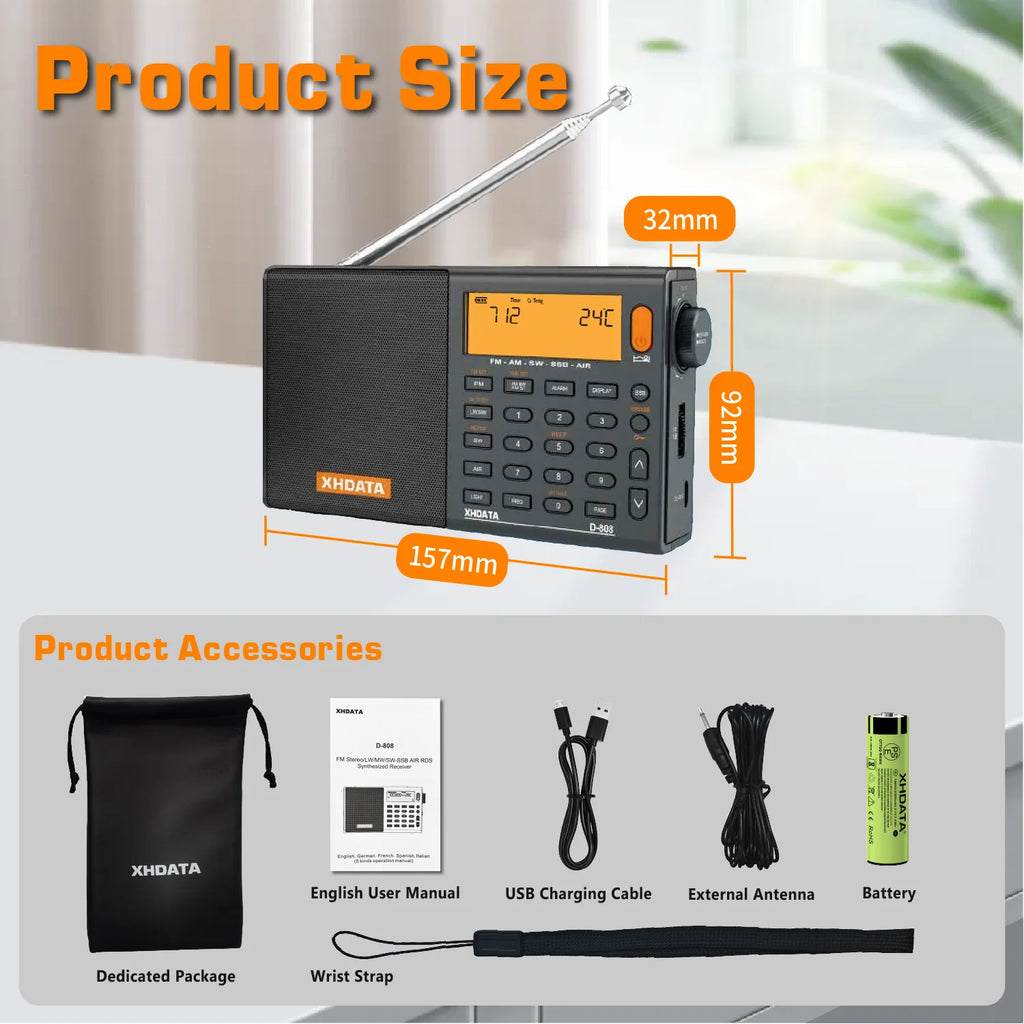 XHDATA D-808 AM/FM/SW/MW SSB AIR RDS Full Band Portable Radio with Multifunction Deep Sound Stereo Rechargeable Radio Receiver TAVEN System LLC