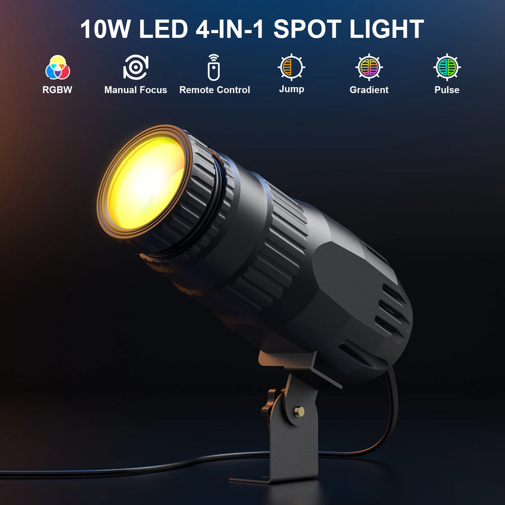 Yiflamefly 10W RGBW LED Pinspot Stage Light With Remote Manual Focus Mini Pinspot Light For DJ Disco Party Bar Club Show Wedding TAVEN System LLC