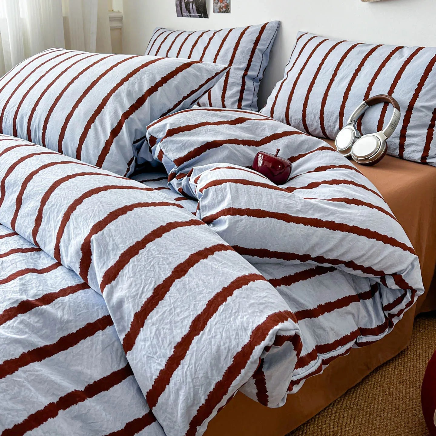 3pcs Simple Pink Striped Duvet Cover Set with 2 Pillowcases Soft Washed Cotton Bedding Set For Girls 150x200cm Bedroom Decor TAVEN System LLC