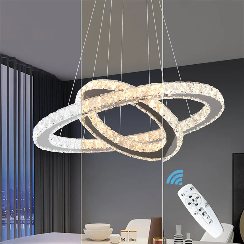 Modern Crystal Rings Led Chandelier Indoor Luxury Ceiling Lamp Dimming And Remote Control Pendan Lighting Chrome Lustre Fixtures TAVEN System LLC