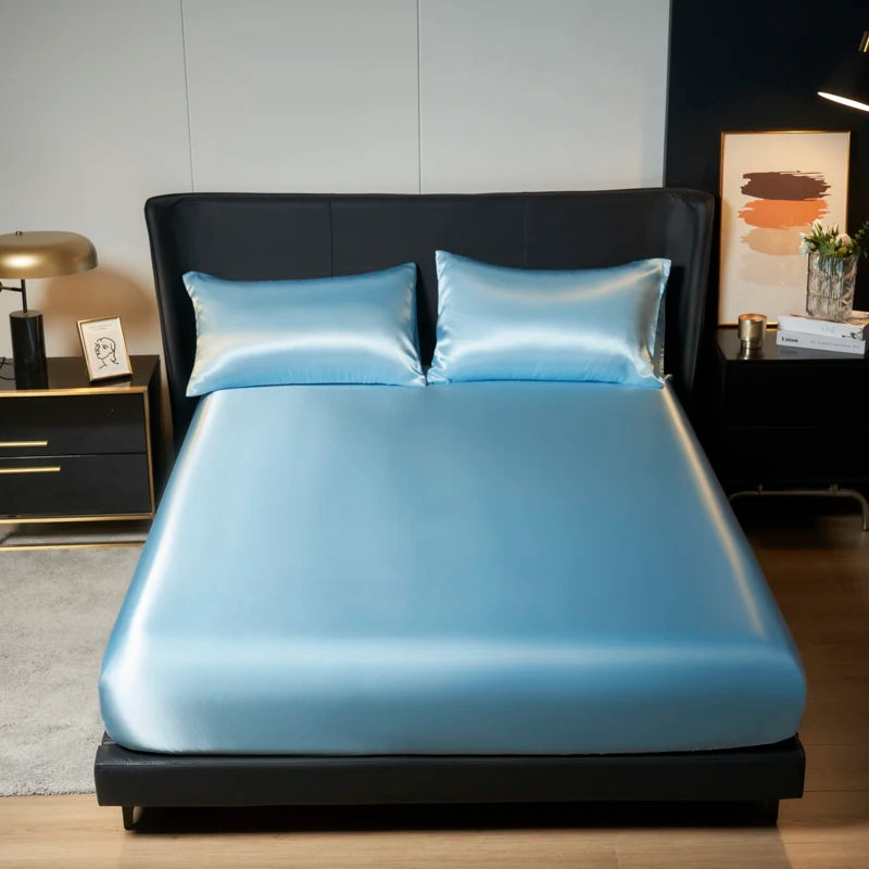 1/3Pc Satin Fitted Sheet Solid Colour Single Twin Full Queen King Ice Silk Mattress Cover Natural With Elastic Band Bed Sheet TAVEN System LLC