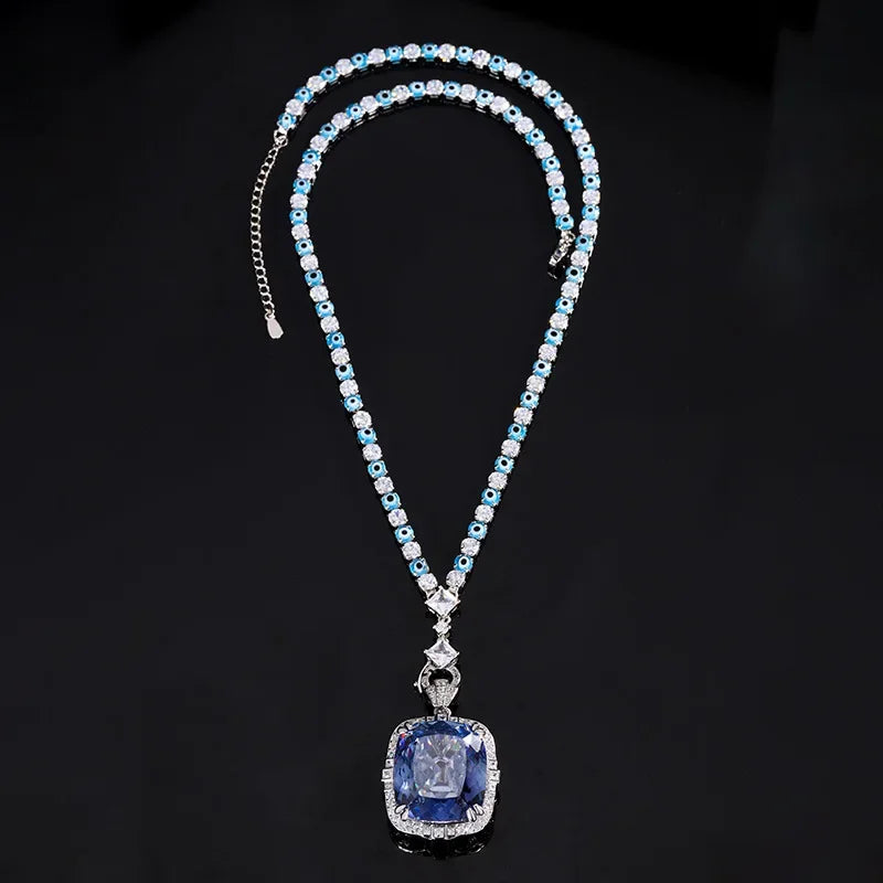 Exquisite Adjustable Ring Pendant Necklace Blue Pink High Carbon Drill Cushion Cut Jewelry in Elegant Style for Women Party Gift