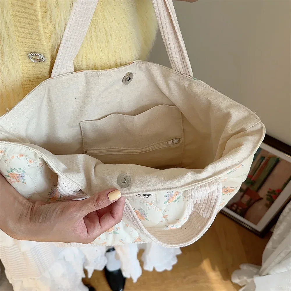 Women Floral Patchwork Tote Bag Retro Cotton Shoulder Shopper Bag