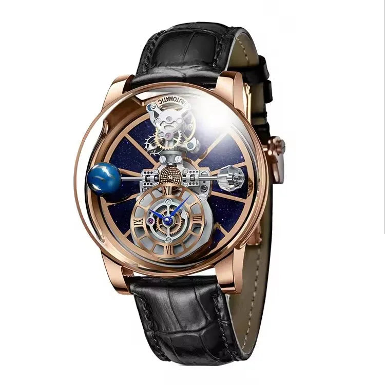 PINDU Design Man Wristwatch Transparent Hollow Design Celestial Roulette Quartz Watches Water Resistant Leather Men's Watch Box - TAVEN System LLC