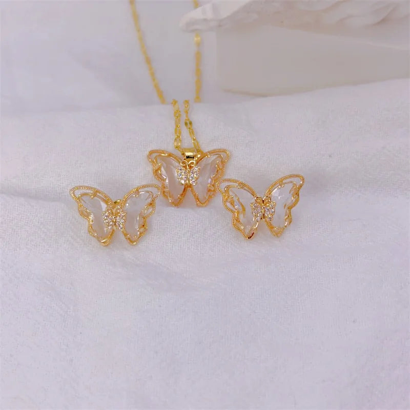 Fashion European and American Cute Micro-inlaid Butterfly Necklace Earrings Set Classic Light Luxury Transparent Stainless Steel TAVEN System LLC