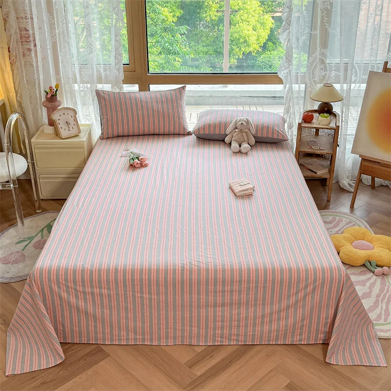 Japanese Style 100% Cotton Plaid Bed Sheet Soft Skin Friendly Flat Sheet or Sheet and Pillowcases Set Queen King Size Bedspreads TAVEN System LLC
