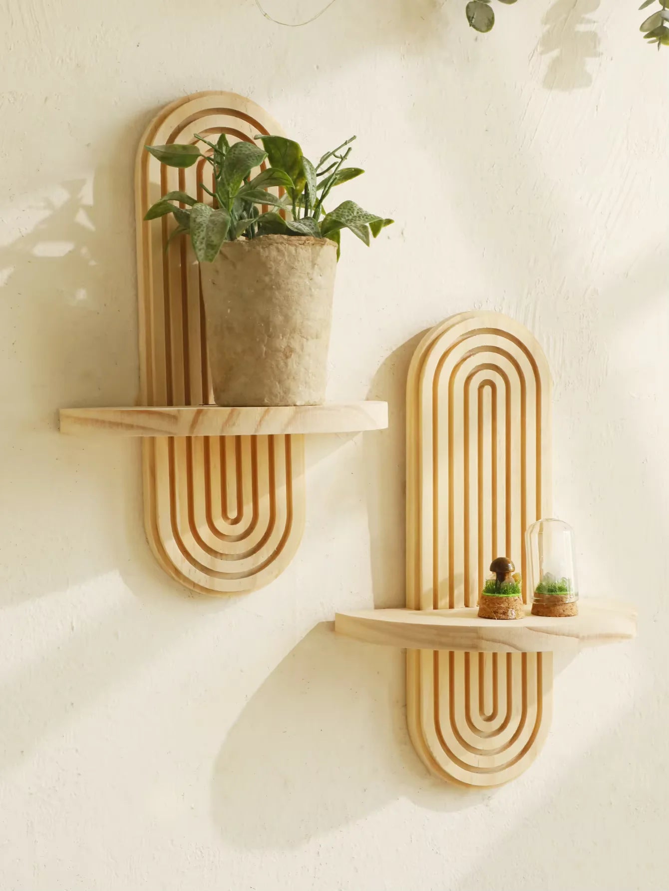 1Pc Boho Style Wooden Wall Shelves - Geometric Wall Mounted Shelves, Natural Wood Finish, Modern Home Decor, Plant Decorative TAVEN System LLC