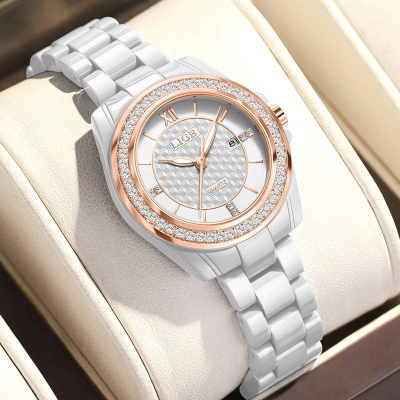 LIGE New Pink Watch Women Watches Top Brand Luxury Ceramic Watch Women Fashion Sport Waterproof Quartz Watch Female Montre Femme - TAVEN System LLC