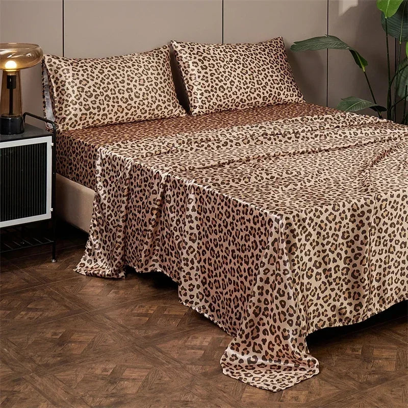 New Satin Fabric Leopard Print Bed Sheet Set Queen High-end Fitted Sheet Flat Sheet Pillowcase Bed Set King Size Bedsheet Sets TAVEN System LLC