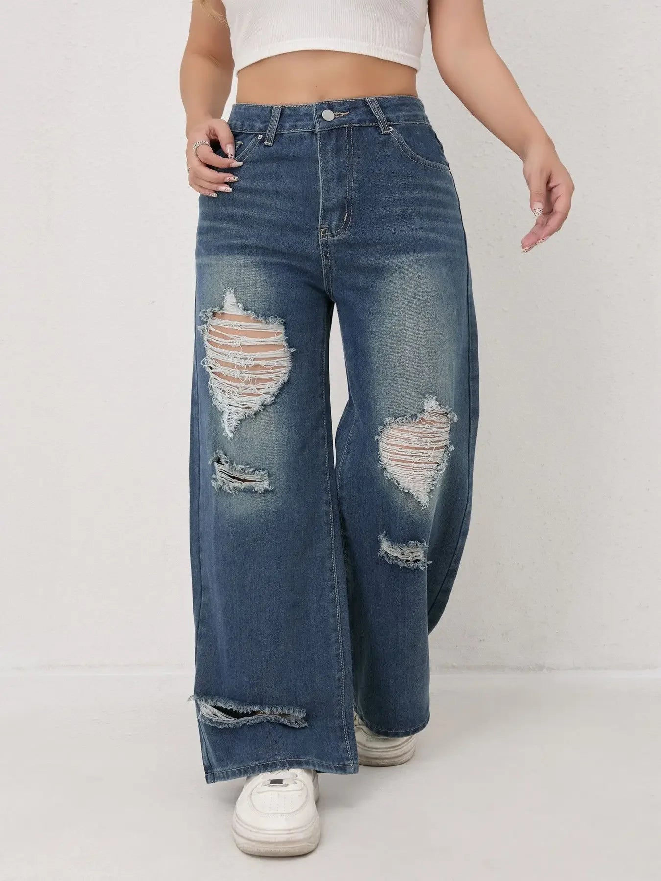 Trendy Wide Leg Distressed Jeans cc Casual Straight Denim Pants TAVEN System LLC