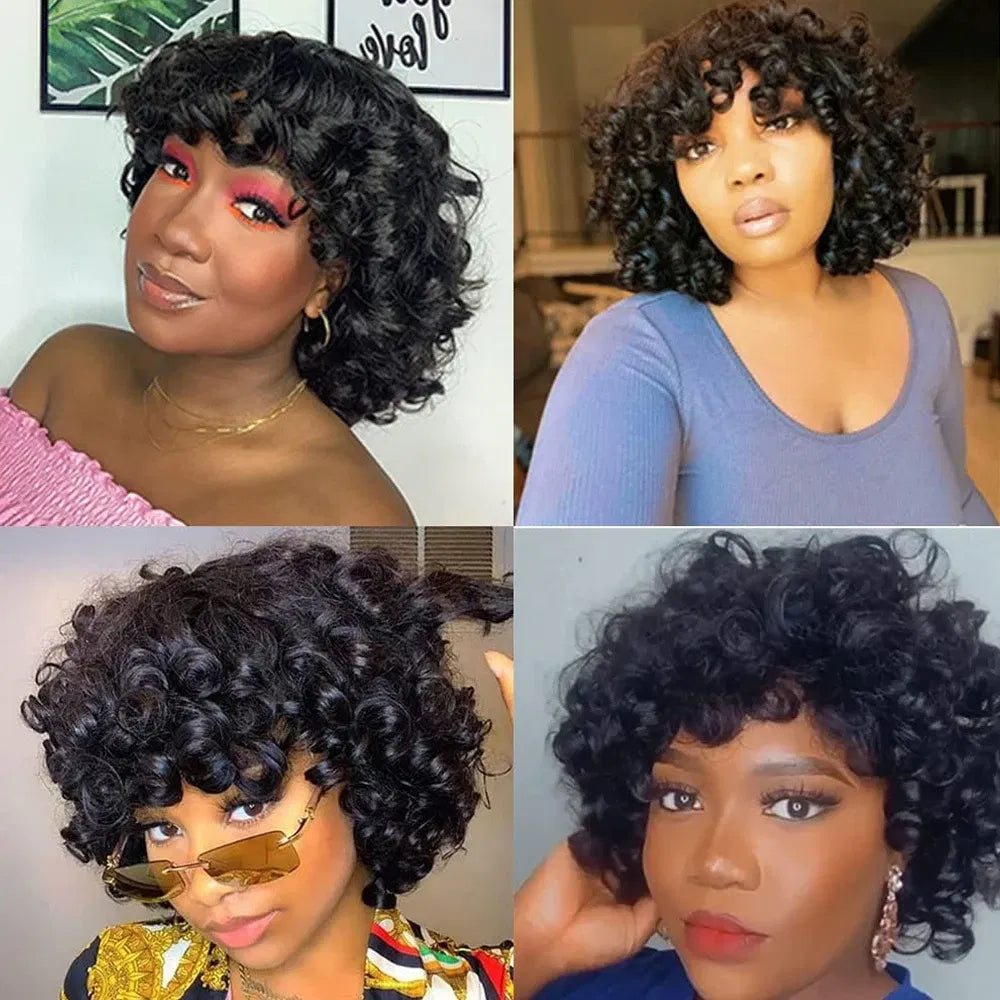 Hair Color: LYD1B/99J, Ships From: CHINA, Stretched Length: 14inches, Density: 150% - Afro Rose Curly Funmi Wigs with Bang Short Bouncy Curly Bob Wig With Bangs Machine Made Rose Curl Human Hair Wig For Black Women Taven