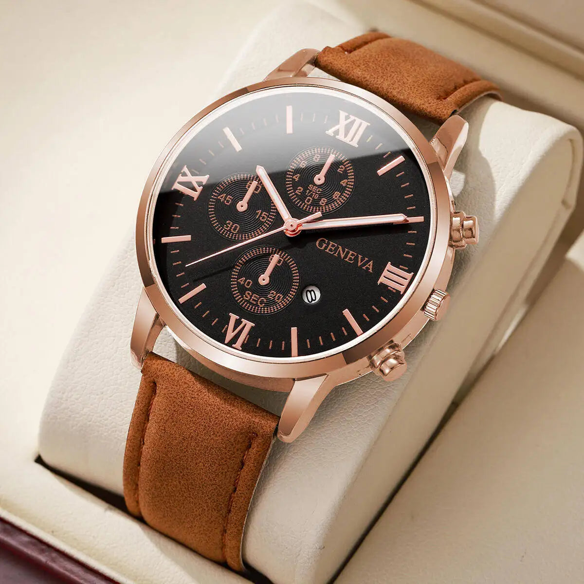 Fashion Roma Dial Men's Watch Casual Leather Strap Men Business Watches Analog Quartz Wristwatches with Calendar（Without Box） - TAVEN System LLC