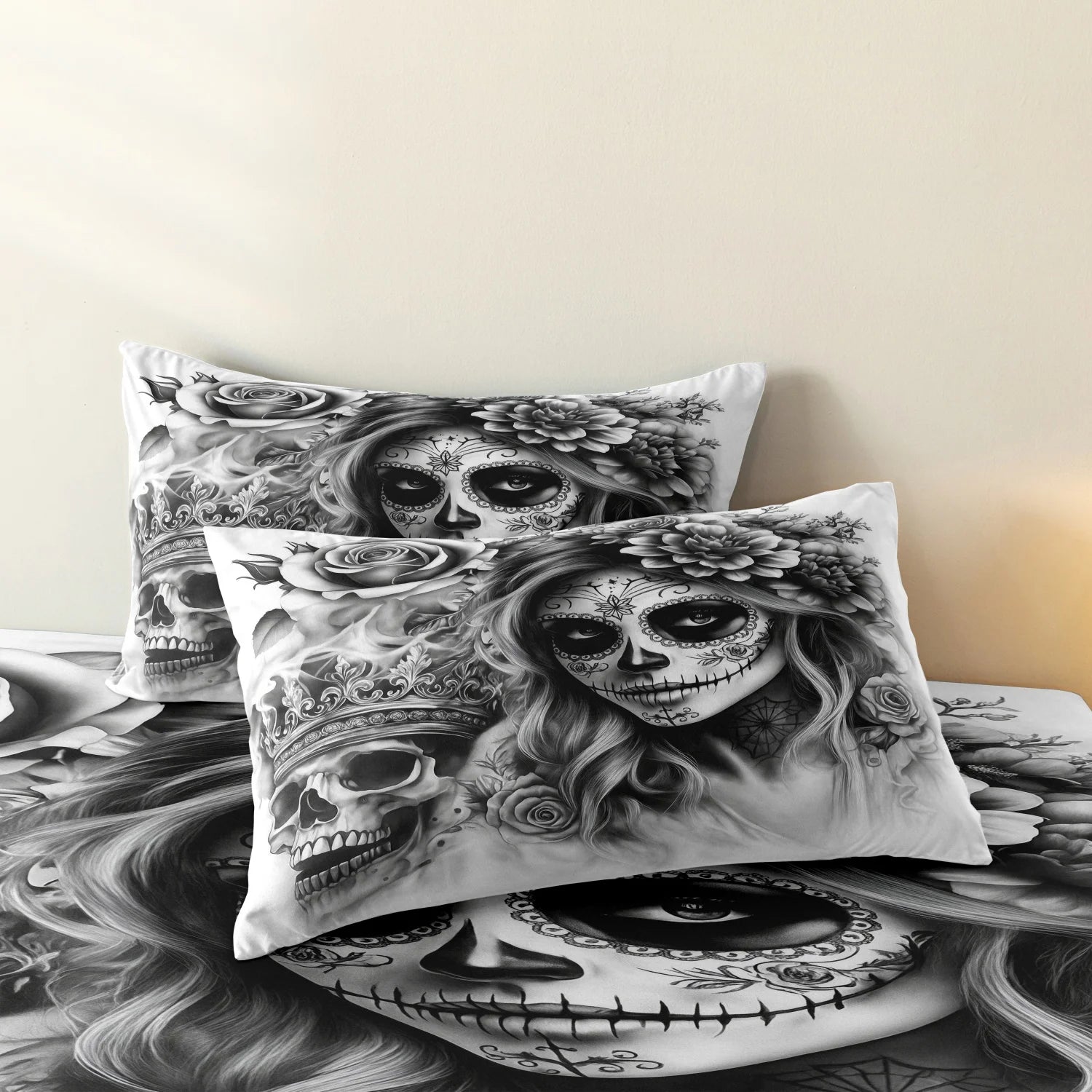 3Pcs Gothic Skull Queen Print Duvet Cover Set, Black White Floral Print Bedding Set, For Family Bedrooms Dormitories Hotels TAVEN System LLC