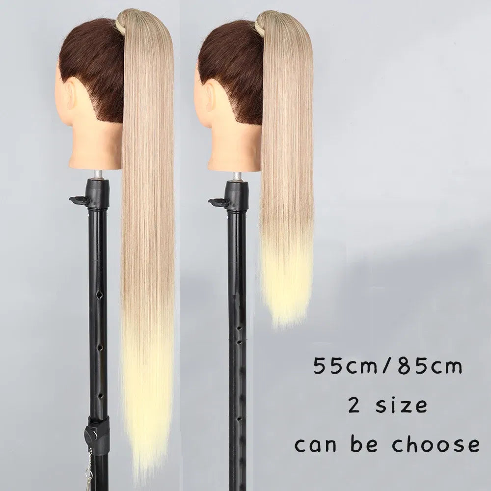 Color: T1B/350, Stretched Length: 34inches - AZQUEEN Straight Synthetic Hairpiece With Ponytail 85cm Super Long Wrap Around Clip In Hair Extensions Pony Tail For Daily Wear Taven