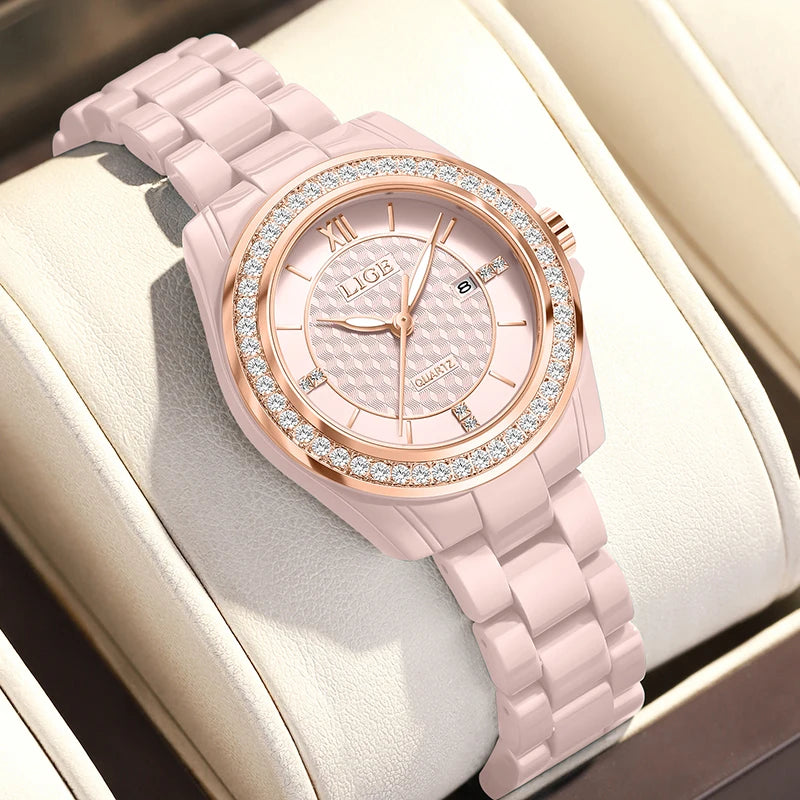 LIGE New Pink Watch Women Watches Top Brand Luxury Ceramic Watch Women Fashion Sport Waterproof Quartz Watch Female Montre Femme - TAVEN System LLC