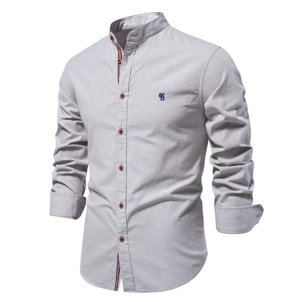 Men’s Cotton Linen Long Sleeve Solid Color Business Shirt TAVEN System LLC