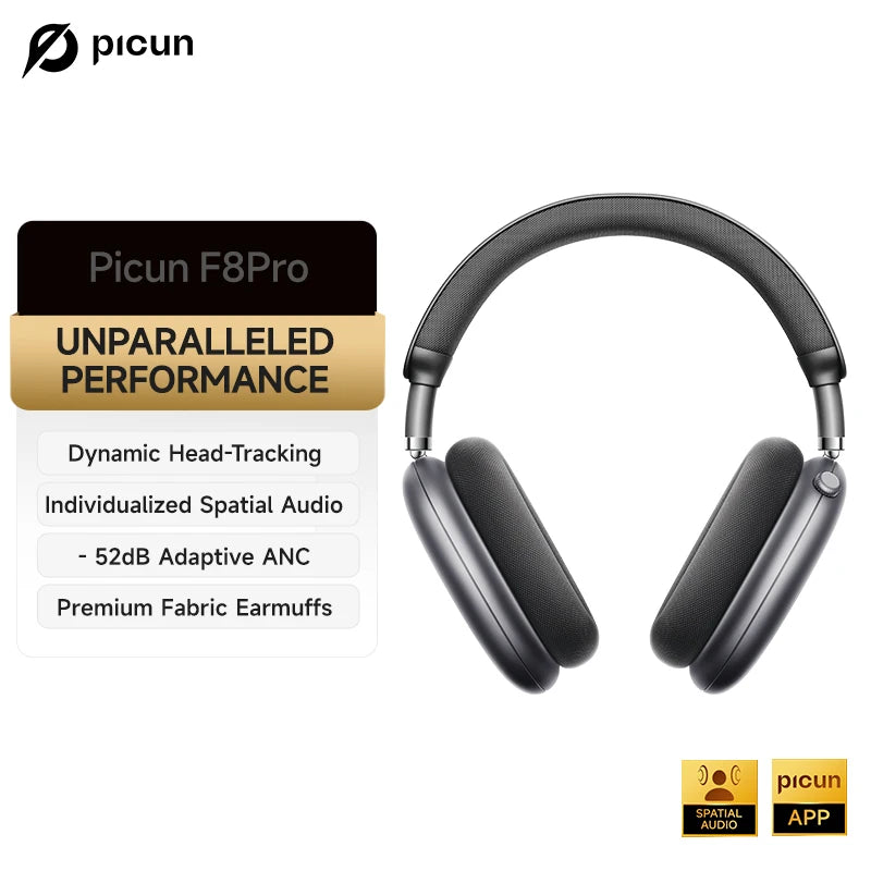 Picun F8 Pro ANC Wireless Headphones Head Tracking 3D Spatial Audio -52dB ANC HIFI Bluetooth Headset ENC HD Mic Low-Latency APP TAVEN System LLC