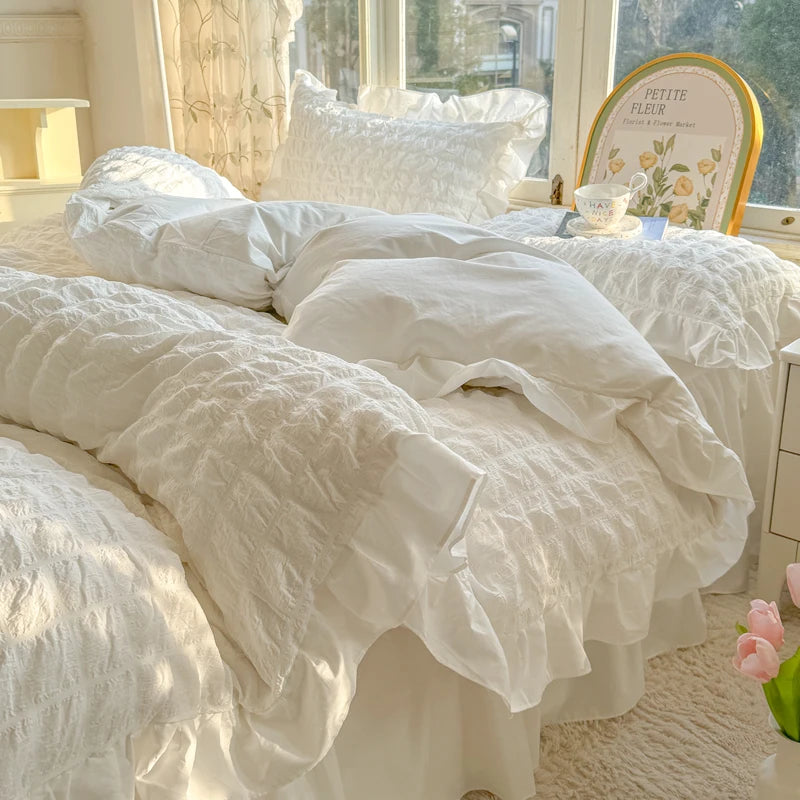 Korean Princess Style Lace Ruffles Bedding Set Skin-friendly Soft Seersucker Duvet Cover Set Bed Sheet Or Bed Skirt Pillowcases TAVEN System LLC