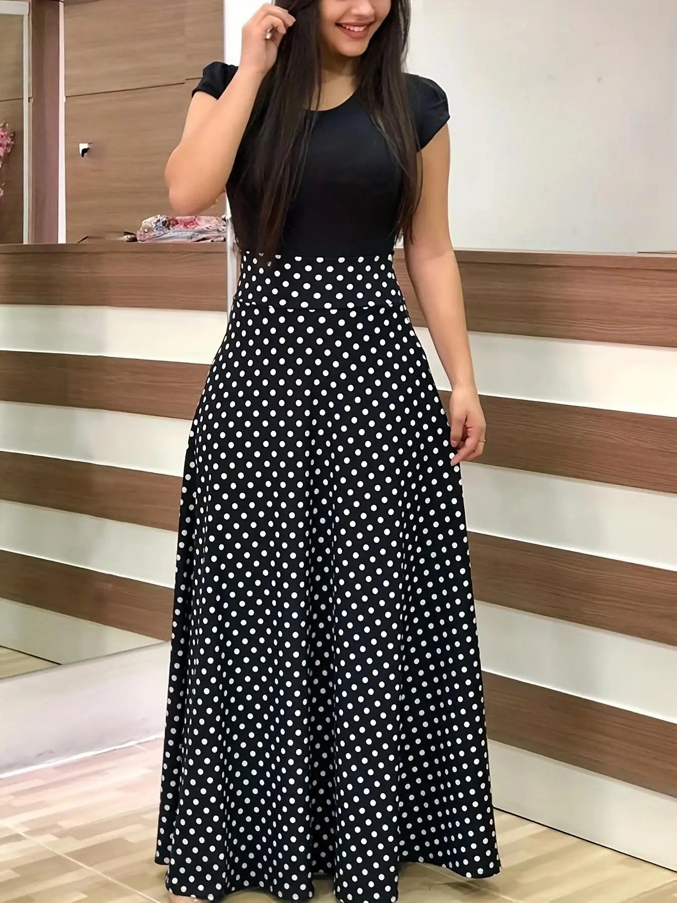 2024 European and American style flower print color matching short sleeved dress for women's large swing skirt TAVEN System LLC