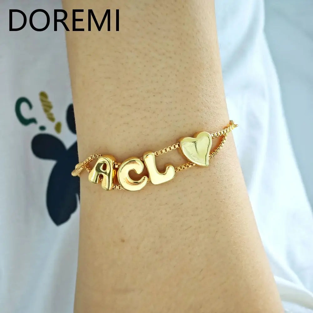 DOREMI Plain Letters Bubble Fat Initial Letter Name Bracelet Slide Beads Women Gold Bubble Custom Letter Bracelet Gift TAVEN System LLC