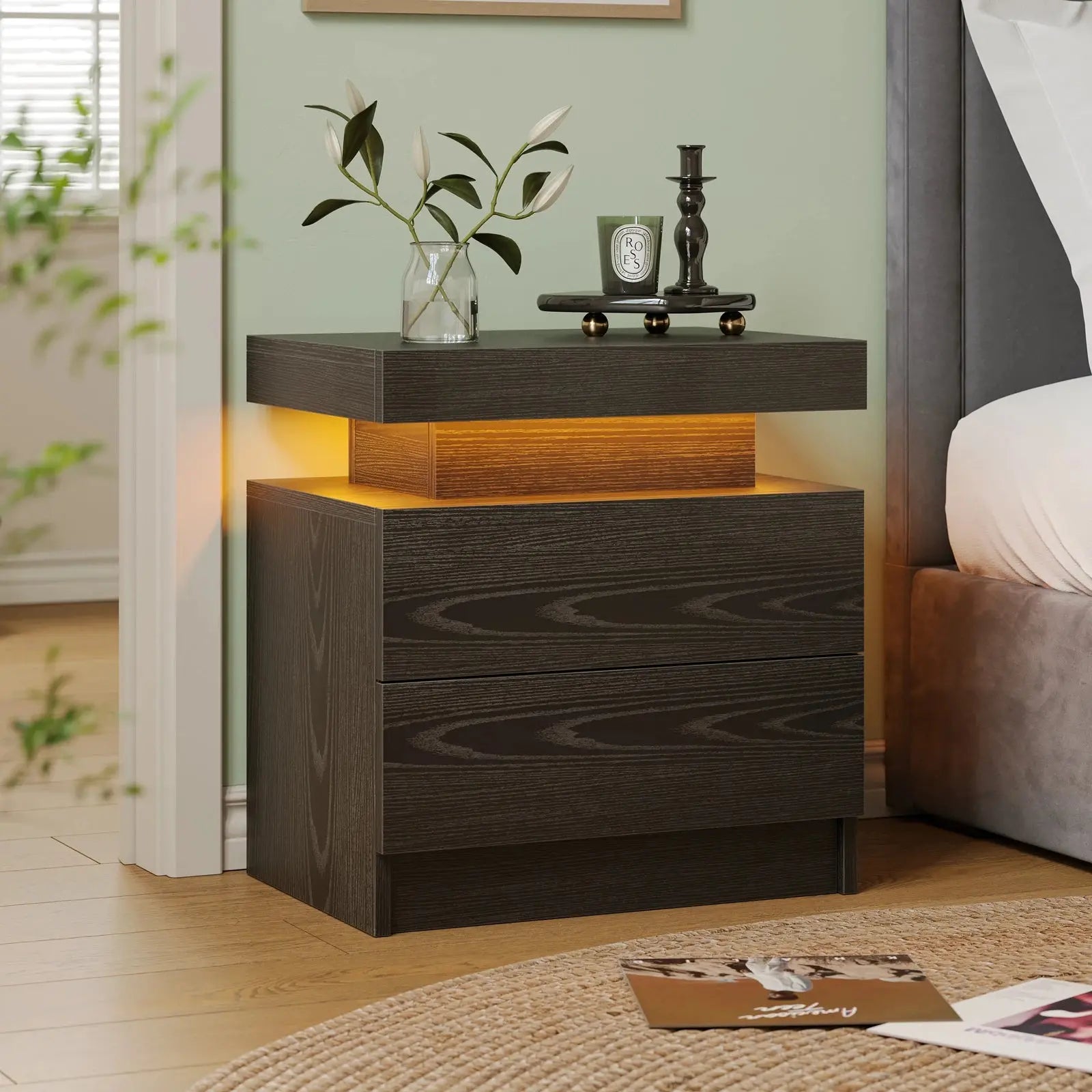 RGB Bedside White Table With 2 Drawers Cubehom LED Nightstand TAVEN System LLC