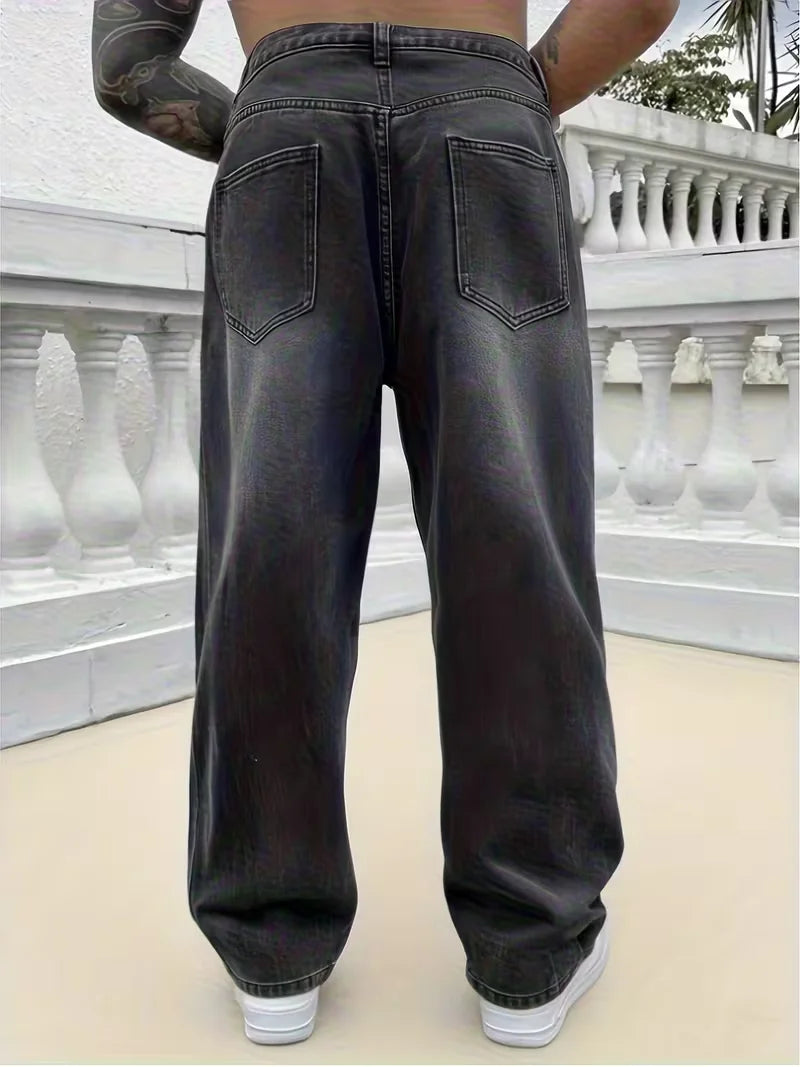 Men's loose wide-leg jeans, black washed non-stretch denim pants, multi-pocket design, suitable for daily casual wear. TAVEN System LLC