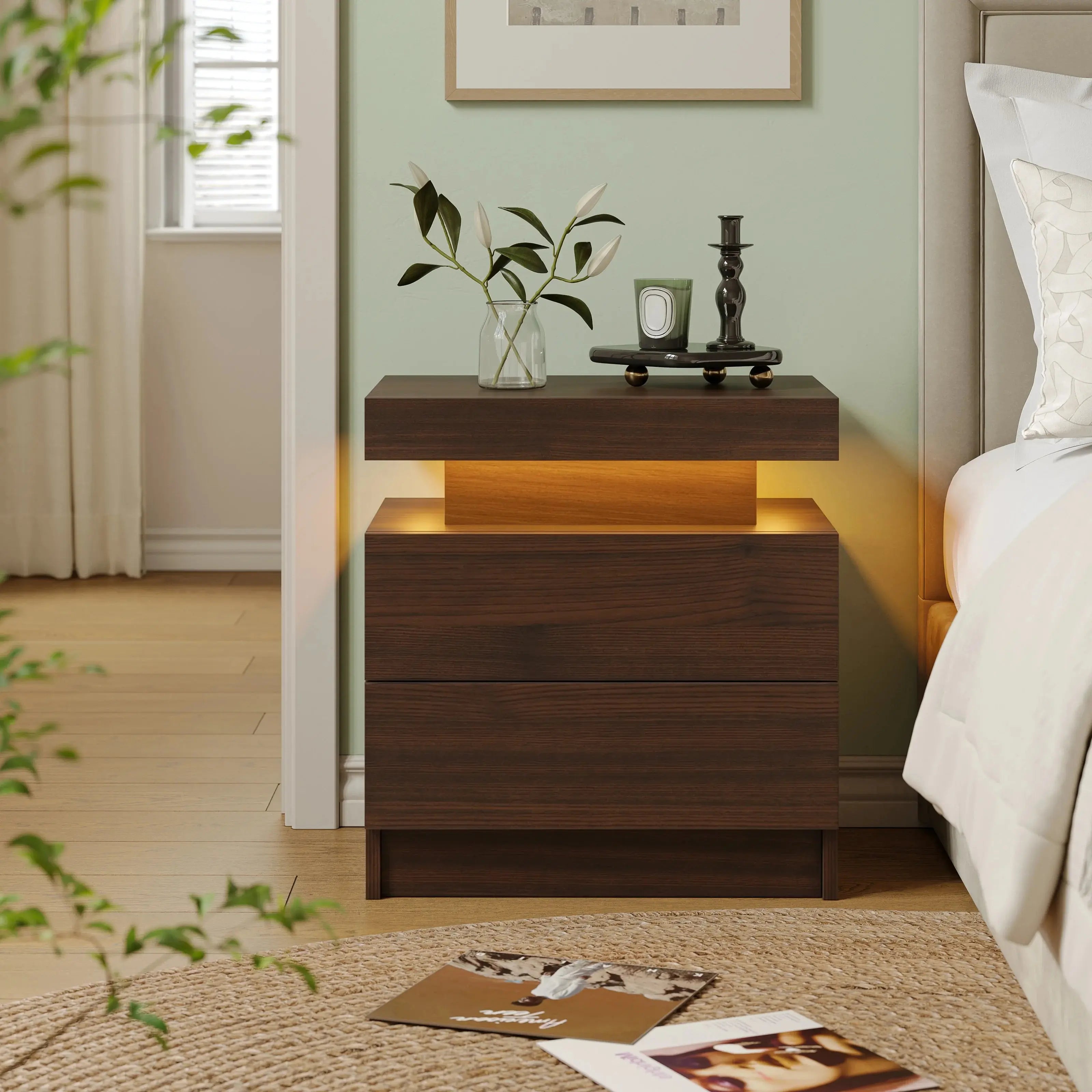RGB Bedside White Table With 2 Drawers Cubehom LED Nightstand TAVEN System LLC