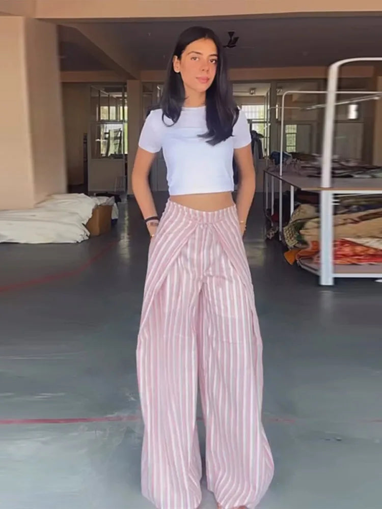 Casual Striped Women's Trouser Lace-Up Adjust Belt High Waist Wide Leg Pants 2026 Summer Autumn Fashion Female Street Trousers TAVEN System LLC