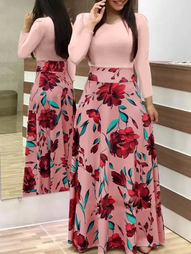 2024 European and American style flower print color matching short sleeved dress for women's large swing skirt TAVEN System LLC