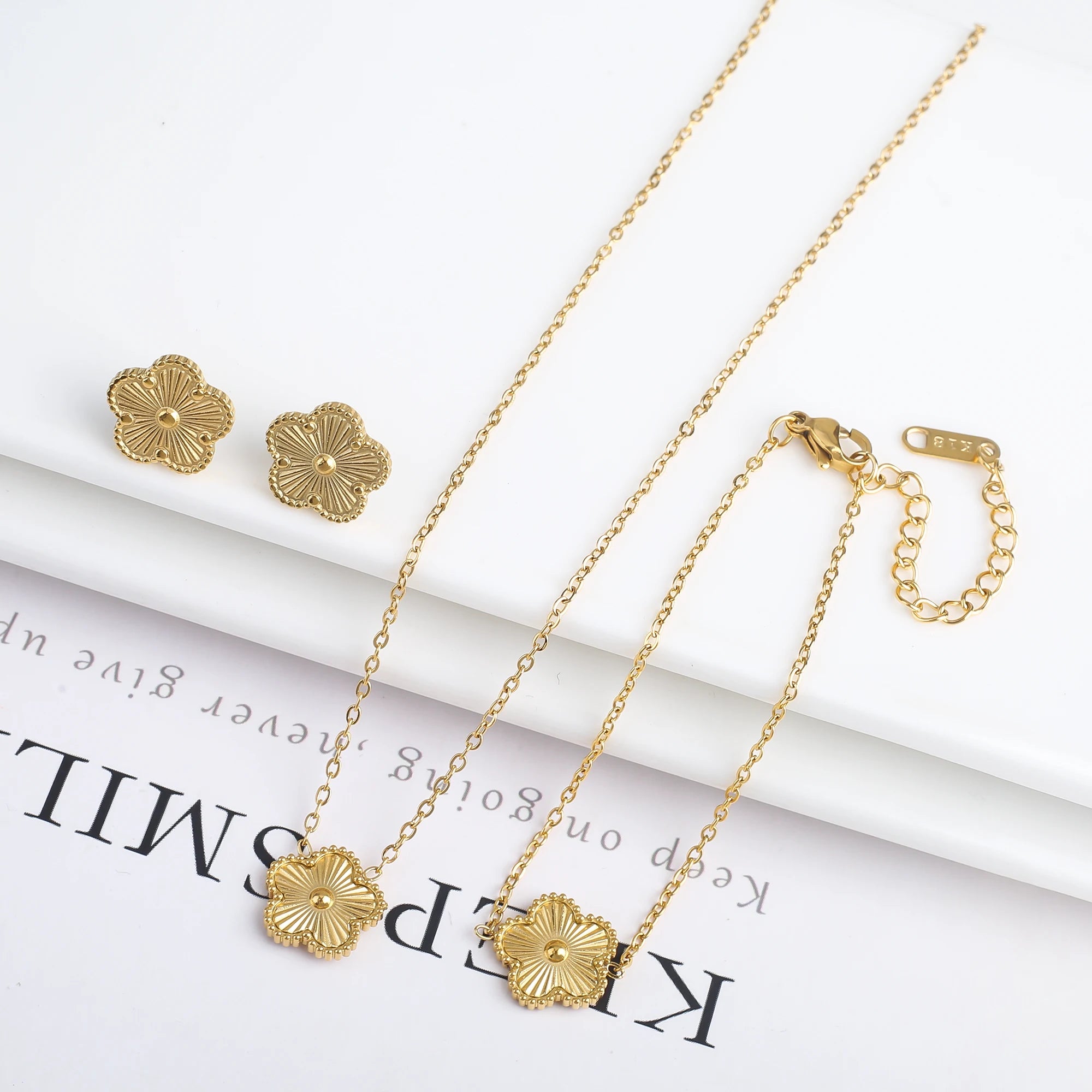 3Pcs 18k Gold-Plated Five-Leaf Flower Necklace Earrings Bracelet Jewelry Set for Woman Fashion Party Jewelry Daily Wear Clover TAVEN System LLC
