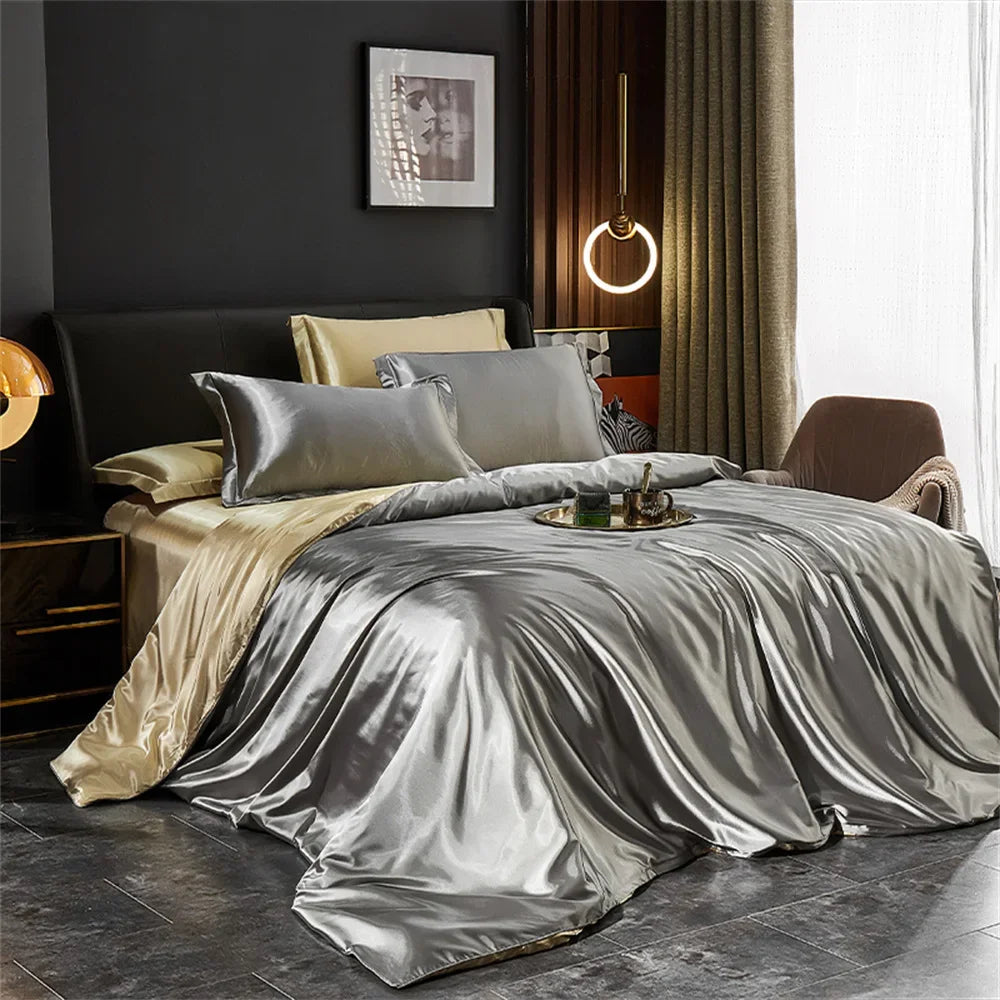 Solid Silk Bedding Set with Duvet Cover Bed Sheet Pillowcases Luxury Satin Single Double Bedsheet King Queen Twin Size TAVEN System LLC