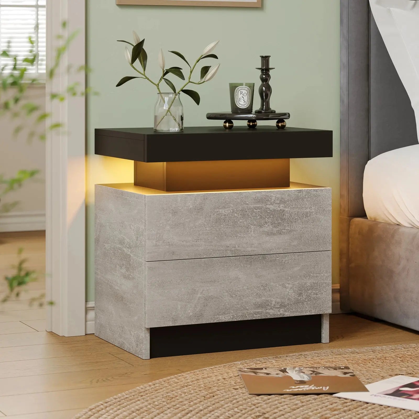 RGB Bedside White Table With 2 Drawers Cubehom LED Nightstand TAVEN System LLC