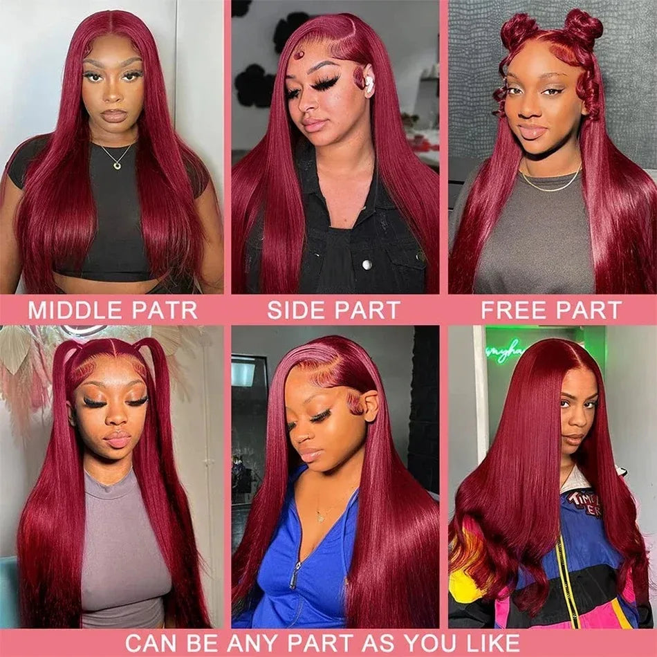 Straight 99J Burgundy Red Color Synthetic 13X4X1 HD Full Lace Frontal Wig For Women Prepucked Baby Hair Glueless Wig Daily Party