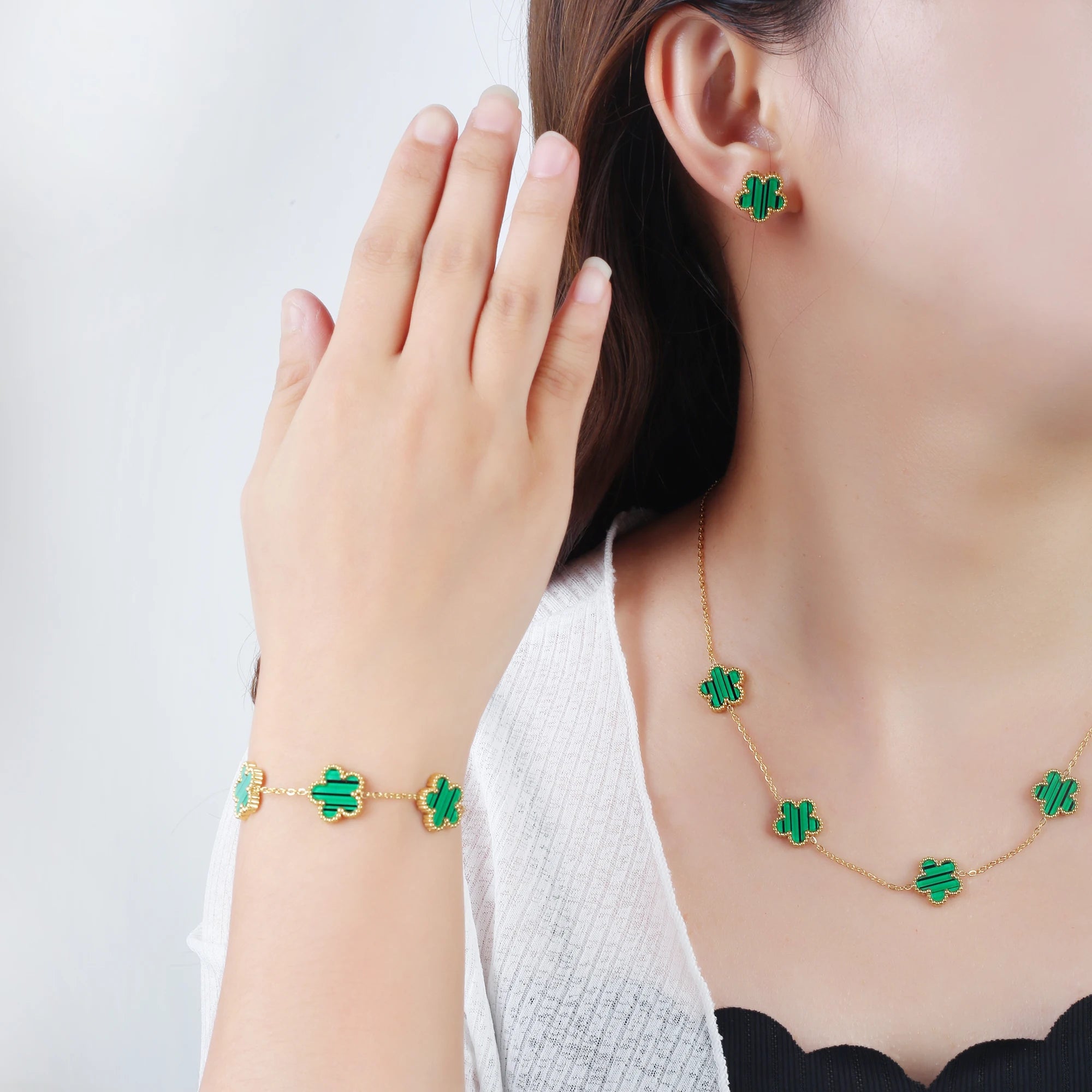 3Pcs 18k Gold-Plated Five-Leaf Flower Necklace Earrings Bracelet Jewelry Set for Woman Fashion Party Jewelry Daily Wear Clover TAVEN System LLC