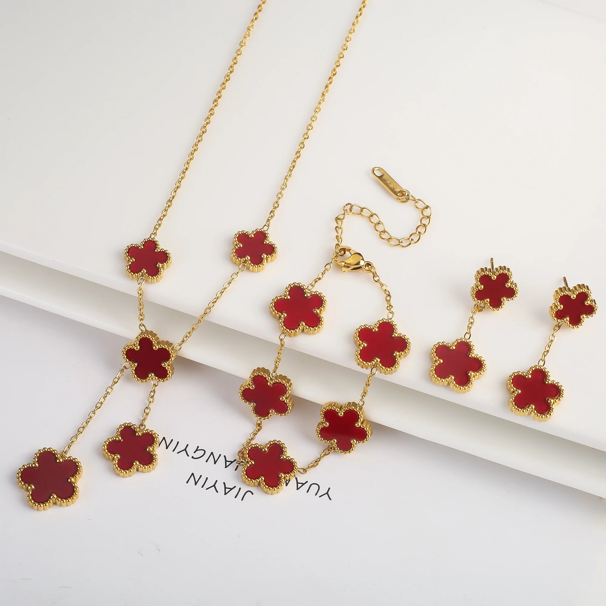 3Pcs 18k Gold-Plated Five-Leaf Flower Necklace Earrings Bracelet Jewelry Set for Woman Fashion Party Jewelry Daily Wear Clover TAVEN System LLC