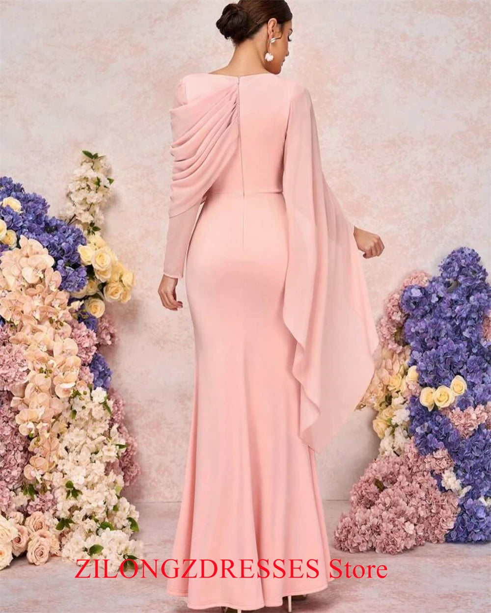 Customized  Mermaid Simple Pink Jersey Evening Dress Elegant Long Sleeves Homecoming Dresses Modern Special Occasion Go - TAVEN System LLC