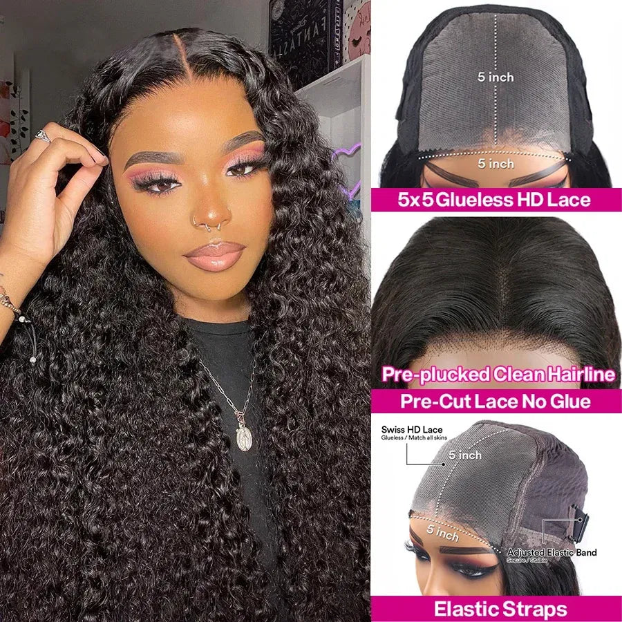 Hair Color: #4, Density: 190%, Ships From: CHINA, Stretched Length: 18inches - Glueless Wig Human Hair Ready To Wear Curly Wigs Human Hair Lace Frontal Wig Glueless Wig 100% Human Hair 5x5 Closure Wig Taven