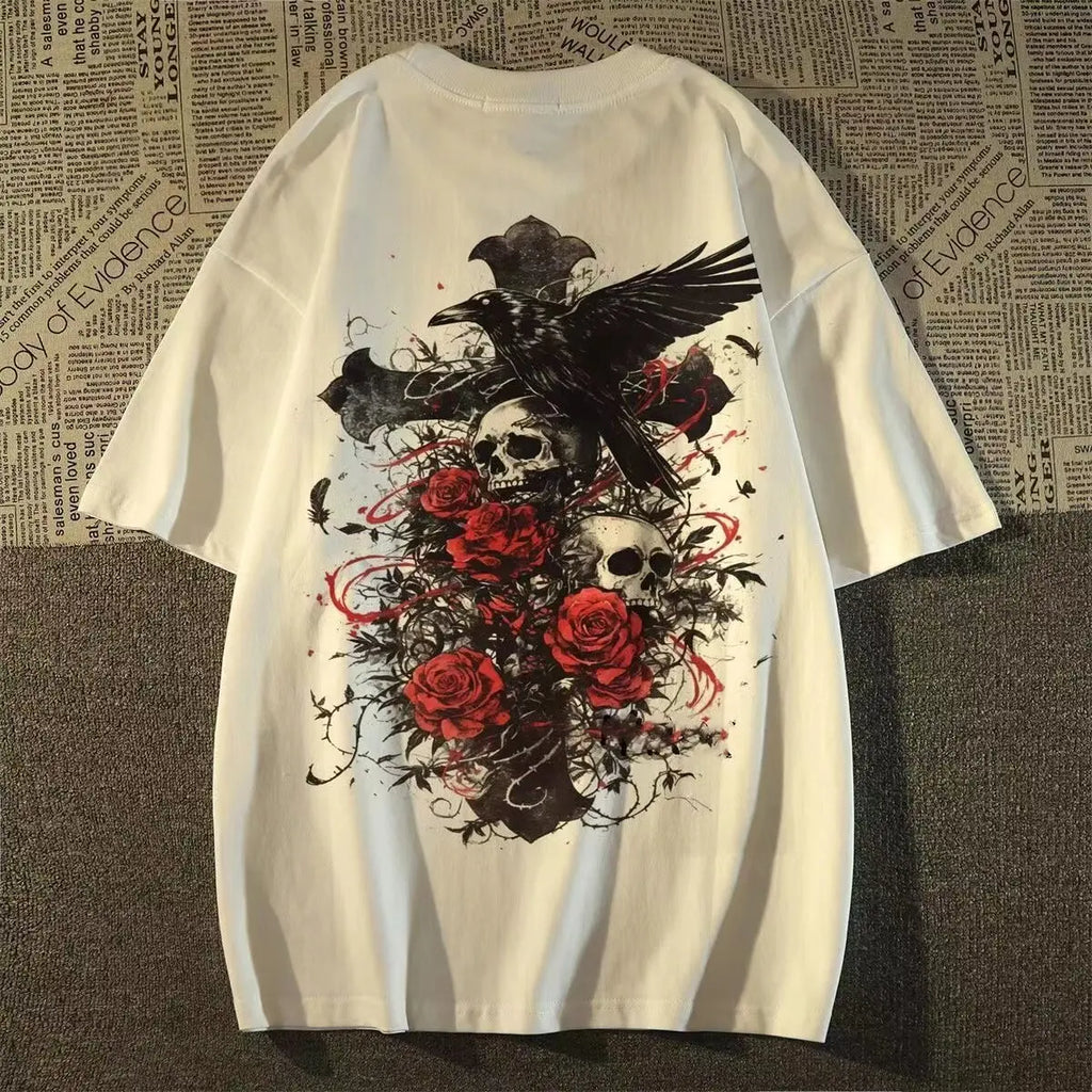 American Style Fashion Brand oversize Diablo Style Retro Subculture Skull Cross Short-sleeved T-shirt Men's Summer TAVEN System LLC