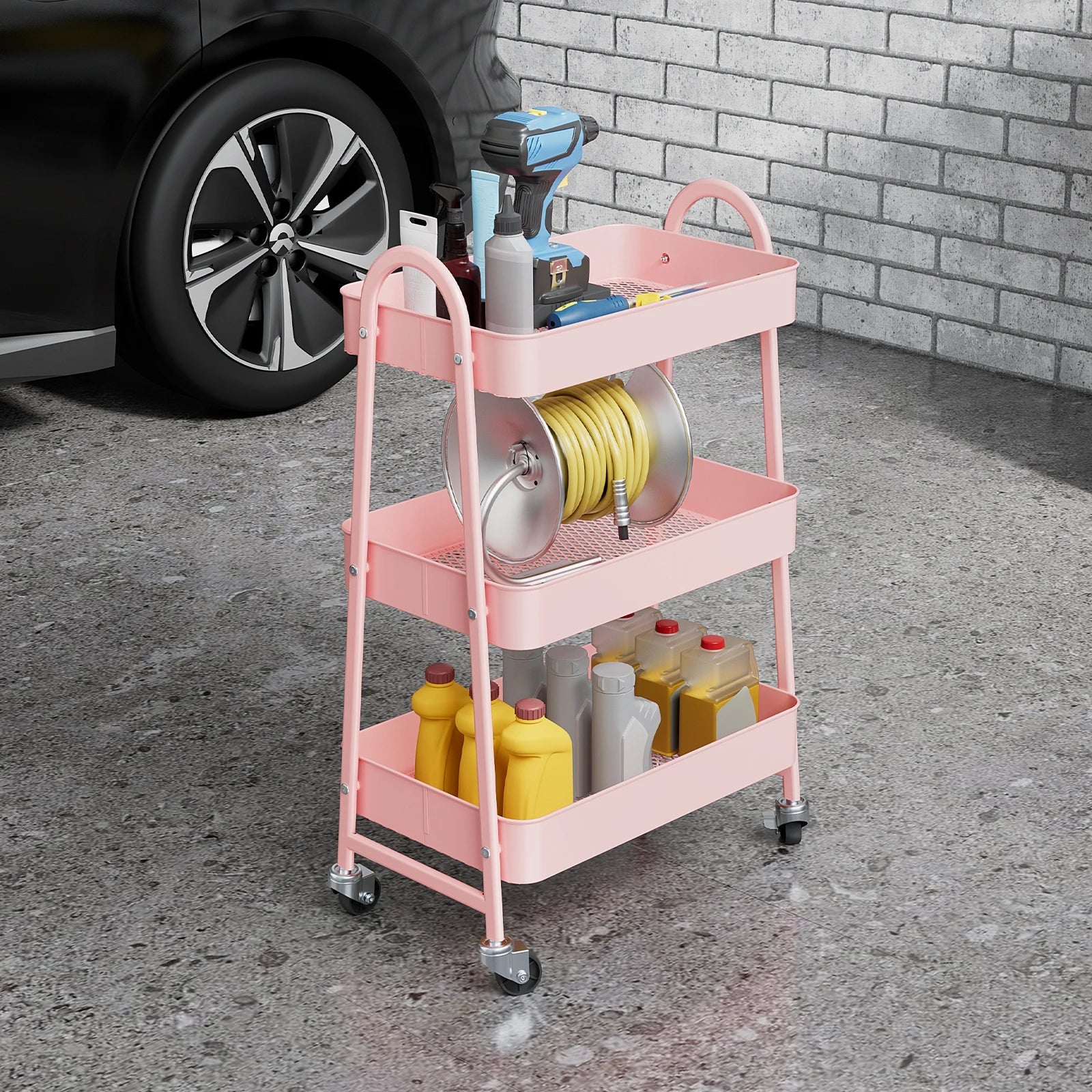 Metal rolling storage cart with lockable wheels